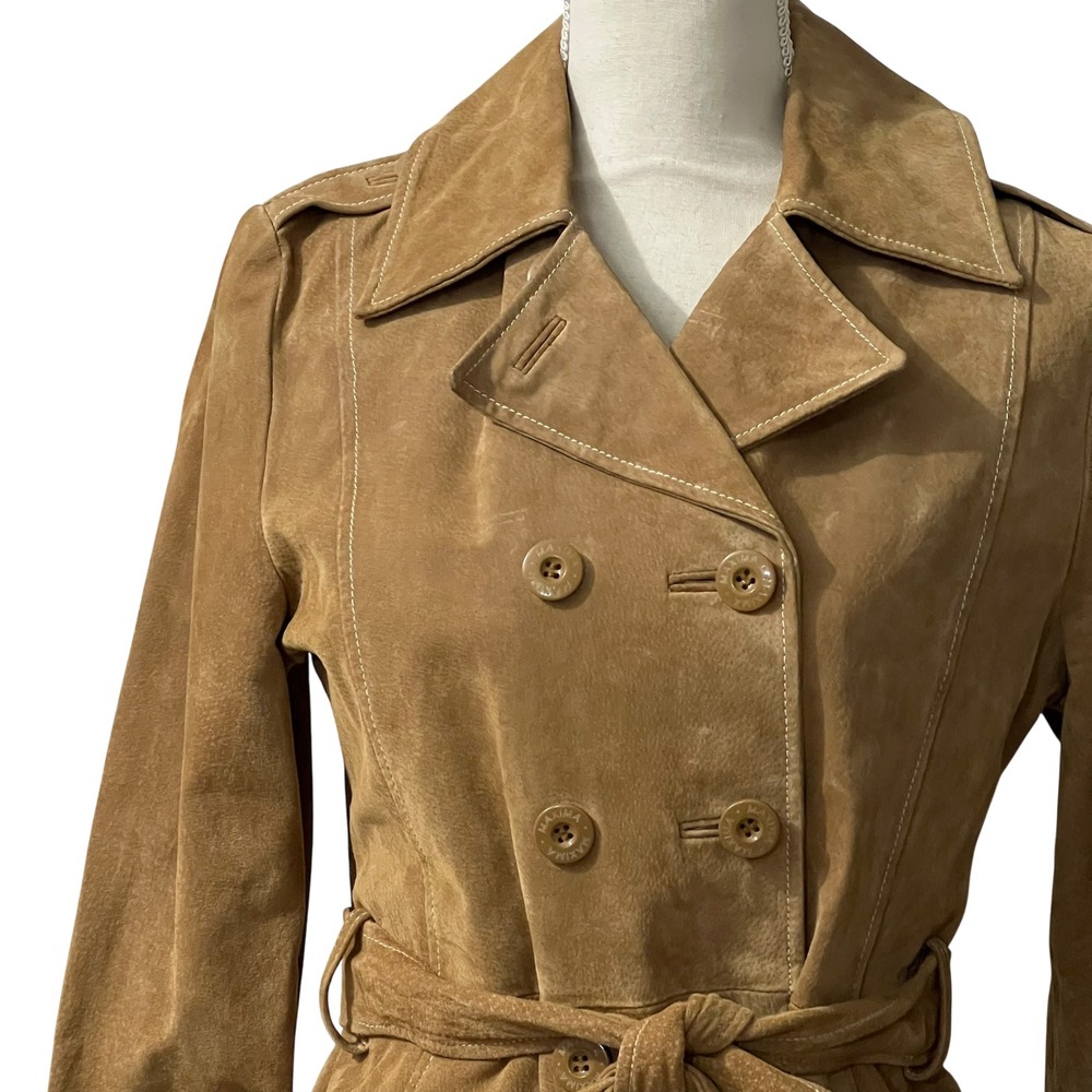 Wilsons Leather Brown Suede Belted Double Breasted Trench Coat Paisley Lined‎ S - Picture 7 of 11